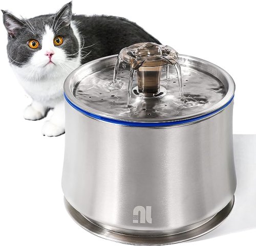 Fântână pentru pisici din oțel inoxidabil 84 oz/2,5 L | Pompă ultra silențioasă și de prevenire a arderii și lumină de noapte inteligentă și filtrare