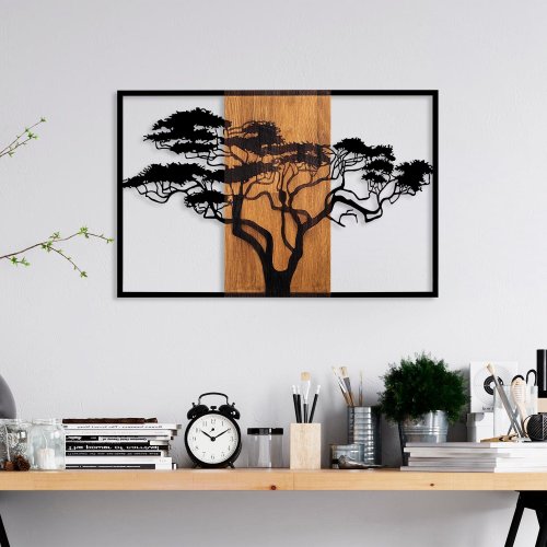 Decoratiune de perete lemn Acacia Tree - 388, Nuc, 58x3x90 cm
