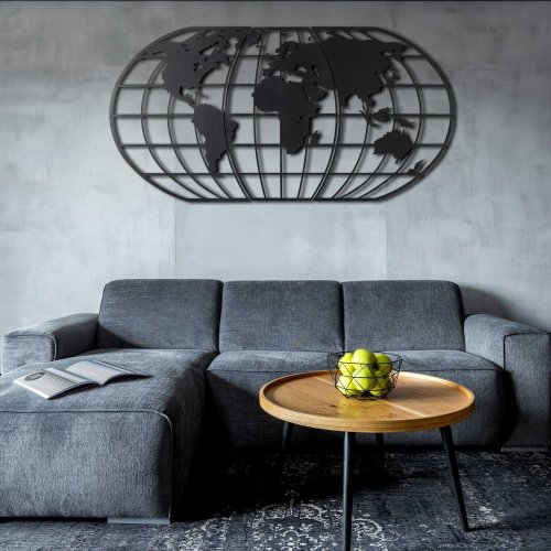 Decoratiune de perete Metal World Map Globe - Black, Negru, 120x1x60 cm
