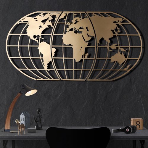 Decoratiune de perete Metal World Map Globe - Gold, Aur, 120x1x60 cm