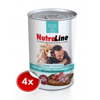 Pachet 4 Conserve Nutraline Dog Junior cu Vita/Curcan si Ulei de In 800 g