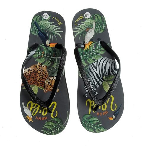 Papuci negri de plaja cu print safari
