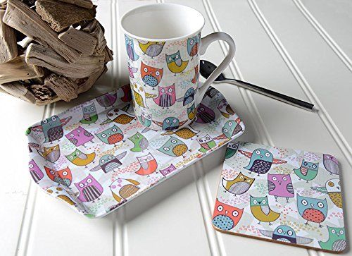 Cana cu tava si suport pahar in cutie cadou - Retro Owl Time For Tea | Creative Tops