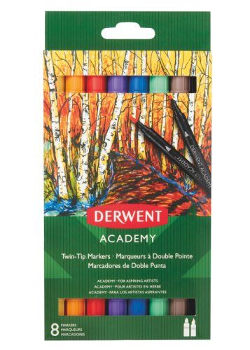 Carioci Derwent Academy, cu 2 capete, varf tip pensula si ascutit, 8 buc/set, calitate superioara, diverse culori