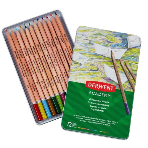 Creioane acuarela derwent academy, cutie metalica, 12 buc/set, culoare superioara, diverse culori