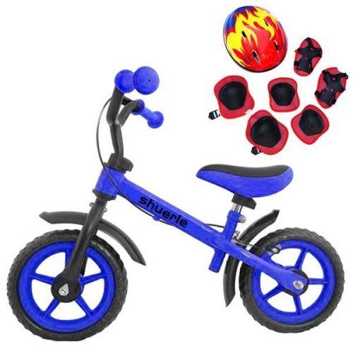 Oem - Bicicleta cu echipament protectie si frana de mana, fara pedale, pentru copii 2-6 ani, 12 inch, albastra