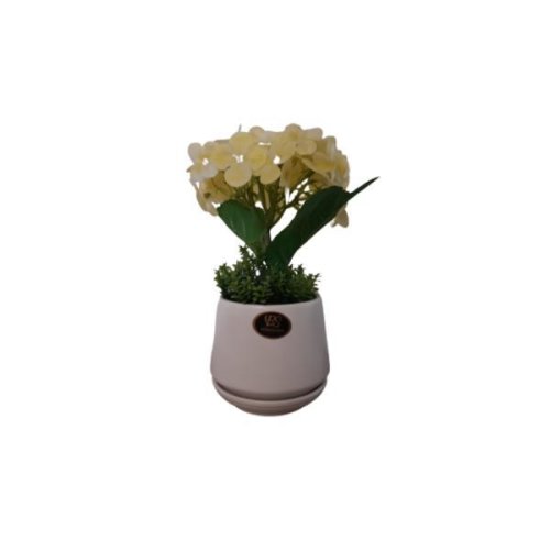 Oem - Hortensie galbena artificiala decorativa in ghiveci ceramic, 23 cm