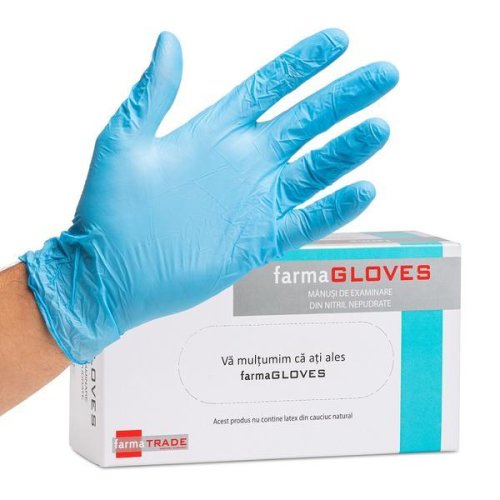 Manusi de examinare nepudrate din nitril albastru, Farma Gloves, marime L, 100buc