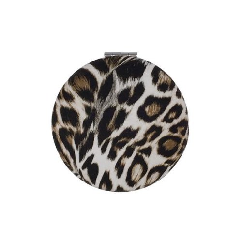 Oglinda dubla pentru poseta, rotunda, 7 cm, alb cu imprimeu leopard