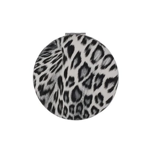 Oglinda dubla pentru poseta, rotunda, 7 cm, alb cu imprimeu leopard gri