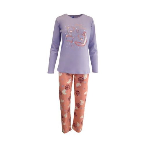 Pijama dama, Univers Fashion, bluza mov cu imprimeu pisici, pantaloni corai cu imprimeu semiluna, M