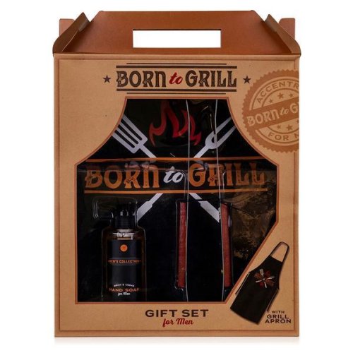 Set cadou barbati Born to Grill Men's Collection in cutie hartie kraft, Sapun pentru maini 200ml, Cleste pentru gratar 35cm, Sort de bucatar cu inscripria Born to Grill