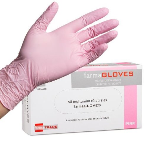 Set Manusi de examinare nepudrate din nitril roz, Farma Gloves, marimea M, 100buc