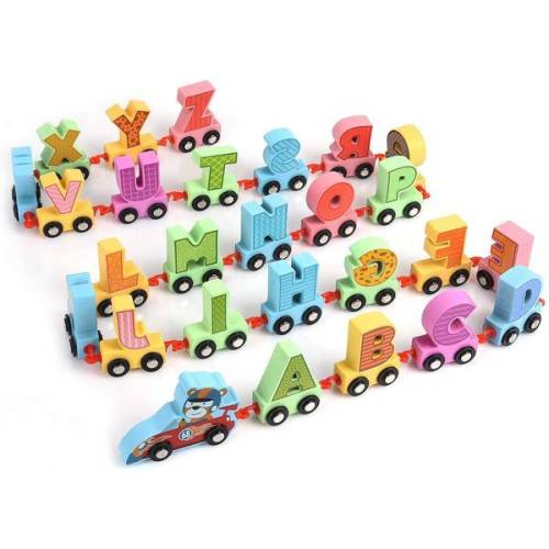 Muqiy Toys - Trenulet din lemn cu literele alfabetului-cartoon alphabet car