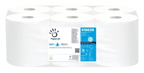 Rola prosop cu derulare externa autocut Dry Tech alb celuloza 1 strat Papernet 300m 6 role/ bax