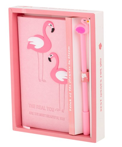 Avx - Set cadou pentru copii, caiet cu flamingo finisat cu piele ecologica + pix cu flamingo