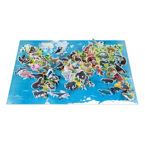 Set Puzzle uriaș din carton cu 200 de piese, 50 de animale 3D și 1 poster - Animale pe cale de la dispariție