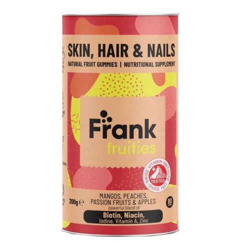 Skin, Hair & Nails - Drajeuri din fructe (Mango, Piersici, Fructul Pasiunii si Mar) fortificat cu Biotina, Niacina, Iod si Vitamina A, Frank Fruities, 80 drajeuri, natural