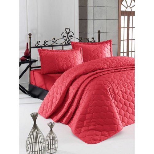 Cuvertură de pat cu 2 fețe de pernă din bumbac ranforce EnLora Home Fresh, 225 x 240 cm, roșu