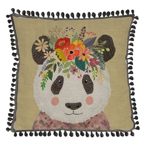 Pernă decorativă cu amestec de in Little Nice Things Floral Panda, 45 x 45 cm