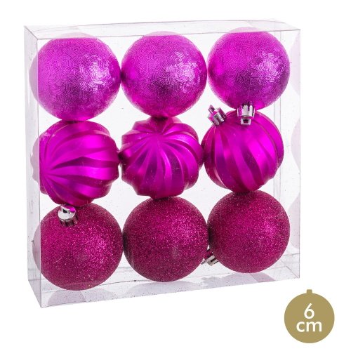 Set 9 globuri de Crăciun în Unimasa, ø 6 cm, roz-fucsia