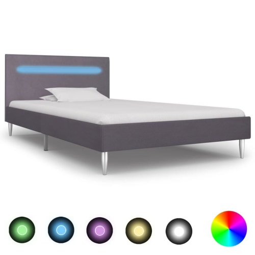 Cadru de pat cu LED-uri, gri, 90 x 200 cm, material textil