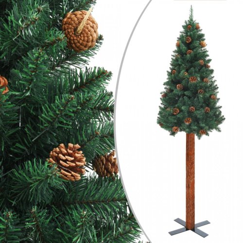 Pom Crăciun artificial subțire lemn și conuri verde 150 cm PVC