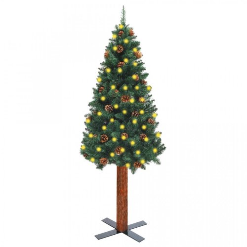 Pom Crăciun subțire, LED-uri&lemn natural&conuri, verde, 150 cm
