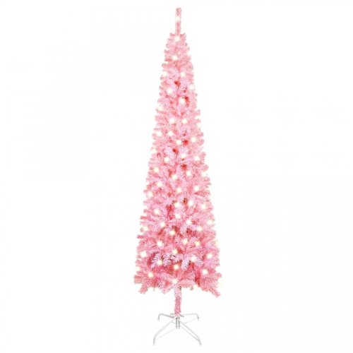 Pom de Crăciun subțire cu LED-uri, roz, 210 cm