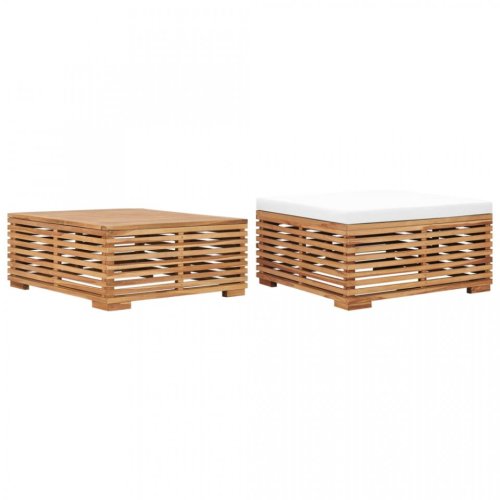 Set masă și taburet de grădină cu pernă crem, lemn masiv de tec