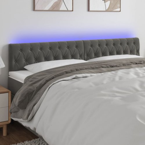 Tăblie de pat cu LED, gri închis, 200x7x78/88 cm, catifea