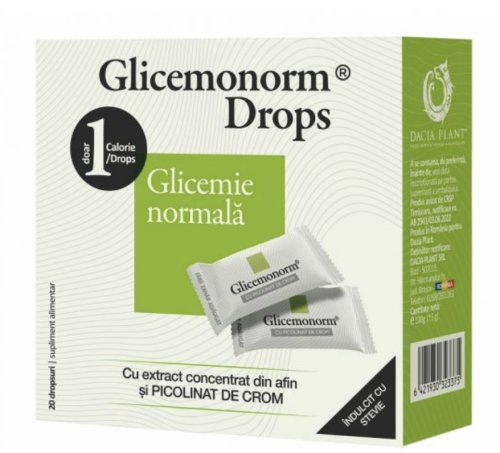 Glicemonorm dropsuri hipoglicemiante indulcite cu stevie, 20buc - dacia plant