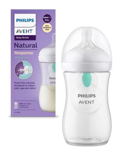 Biberon Philips Avent Natural Response SCY673/01, Dispozitiv anticolici AirFree, 260 ml, Debit 3, Tetina fara scurgeri, +1 luni, Fara BPA (Alb/Transparent)