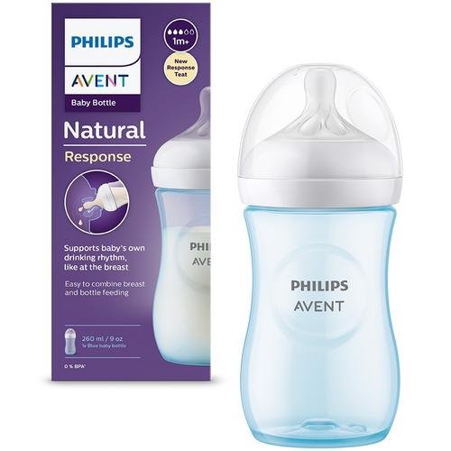 Biberon Philips Avent Natural Response SCY903/21, 260 ml, tetina care functioneaza ca sanul mamei, cu debit 3, tetina fara scurgeri, +1 luni, fara BPA, usor de curatat, Bleu