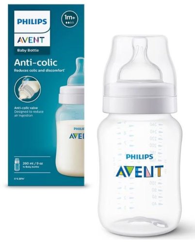 Biberon Philips Avent SCY103/01, Dispozitiv anti-colici, 260 ml, +1 luni, Fara BPA (Alb/Transparent)