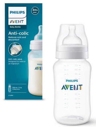 Biberon Philips Avent SCY106/01, Dispozitiv anti-colici, 330 ml, +3 luni, Fara BPA (Alb/Transparent)