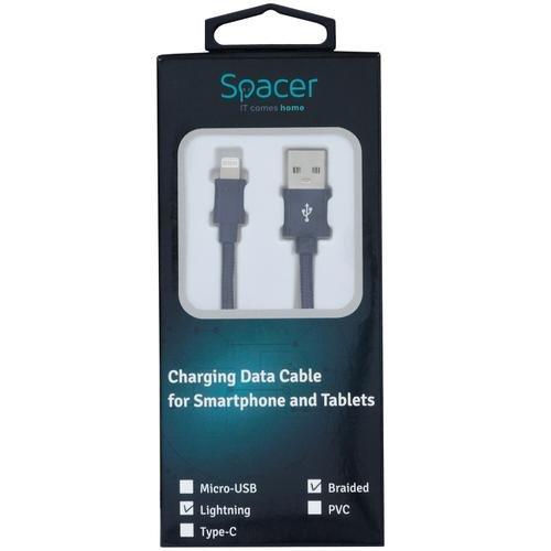 Cablu de date Spacer, USB 2.0 (T) la Lightning (T) pentru iPhone, braided, retail pack, 0.5m, Negru