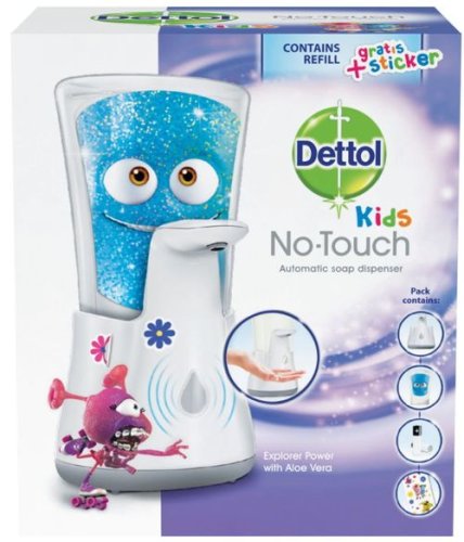 Dispenser automat cu senzor Dettol Kids No Touch pentru sapunul lichid + Rezerva sapun lichid Dettol Kids No Touch cu Aloe Vera, 250 ml