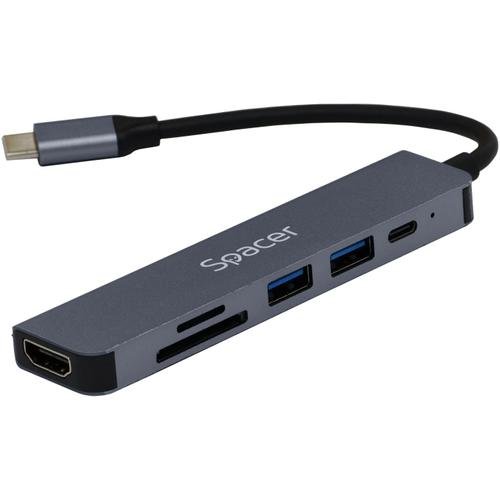 Docking station Spacer 6 in 1, conectare Type-C, USB 3.0 x 2, PD 3.0 x 1 (87W), HDMI x 1, 4K (30Hz), SD card x 1, TF (MicroSD card) x 1, aluminiu (Gri)
