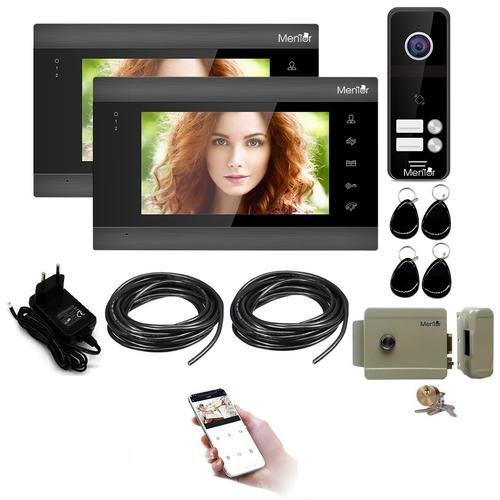 Kit VideoInterfon Smart Mentor SYKT005 WiFi 2xMonitor Interfon Yala acces 2 locatii 7" HD 2MP 4xCard Acces MicroSD InfraRed Senzor de miscare