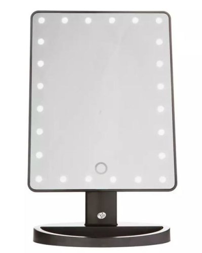 Oglinda pentru cosmetica si machiaj iluminata cu LED RIO MMSP, Lumini tactile, Rotire 180°, 4 x AA, Mini oglinda detasabila cu zoom 10x (Negru)
