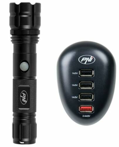 Pachet lanterna PNI Adventure F10 6W, 500lm, raza pana la 200m, focus si incarcator USB PNI HC41, 4 porturi USB (Negru)