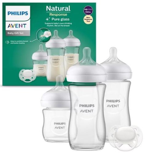 Set nou-nascut Philips Avent Natural Response SCD878/11, 3 biberoane de sticla, Suzeta ultra-soft 0-6 luni (Alb/Transparent)