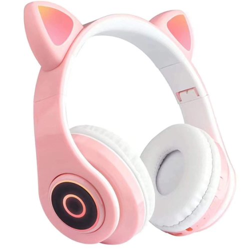 Casti over-ear B39 wireless, Bluetooth, Microfon, Aux IN si microSD, Urechi Pisica cu Lumini, Pink