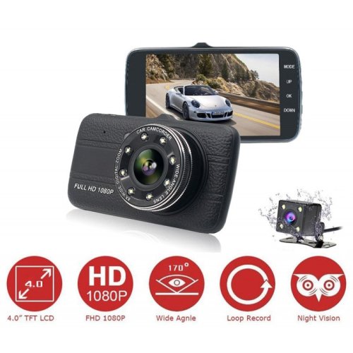 Camera Video Auto Novatek T800 Dubla, 8 Led-Uri Nightvision, FullHD 12MPx si display 4