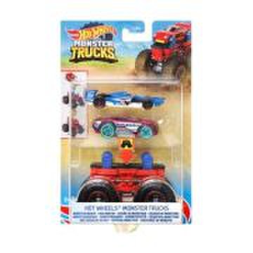 Set Monster Truck cu masinute roz si albastru, Hot Wheels