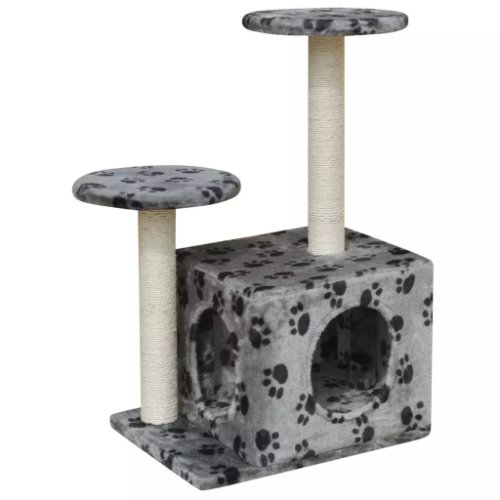 vidaXL Ansamblu pentru pisici 64 cm 1 căsuță gri cu imprimeu cu lăbuțe