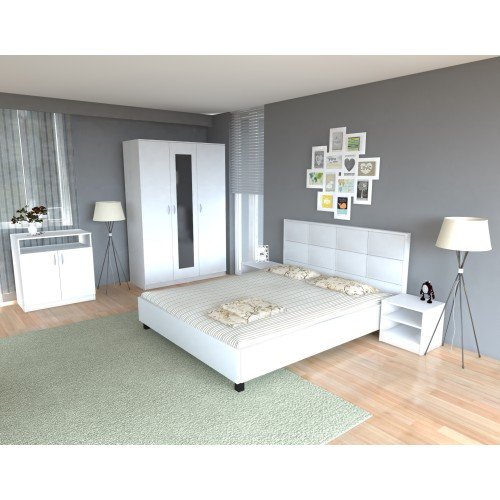 Dormitor Soft Alb cu pat tapitat bej pentru saltea 120x200 cm
