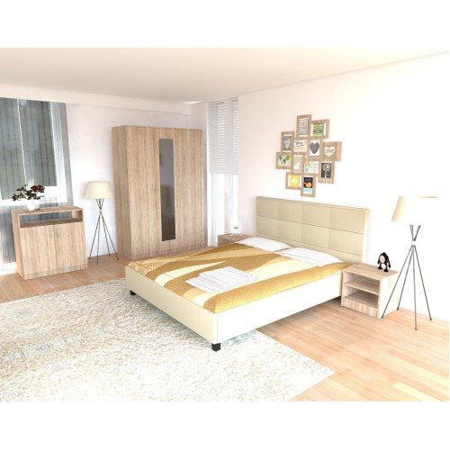 Dormitor Soft Sonoma cu pat tapitat bej pentru saltea 120x200 cm
