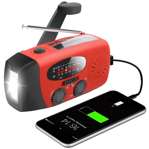 Mini-Aparat cu Radio FM/ AM cu lanterna LED 1W waterproof IPX3 Power Bank 2000 mAh incarcare solara dinam USB portabil rosu